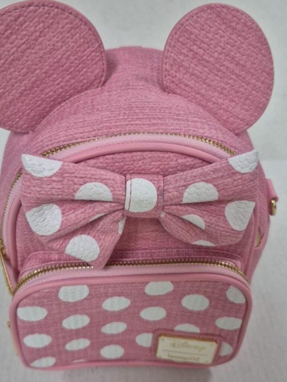 Loungefly Disney Minnie Mouse Pink Polka Dot Bow Woven Straw Mini Backpack NWT